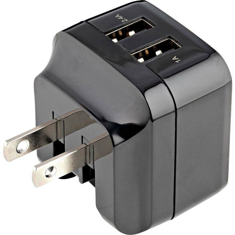 Front view of StarTech.com dual USB wall charger showing two USB-A ports and folding prongs