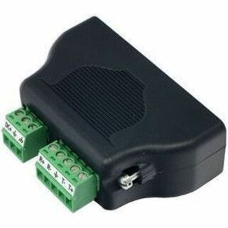 Lantronix black serial adapter with green terminal blocks showing DB-25 to RS-485 conversion capability