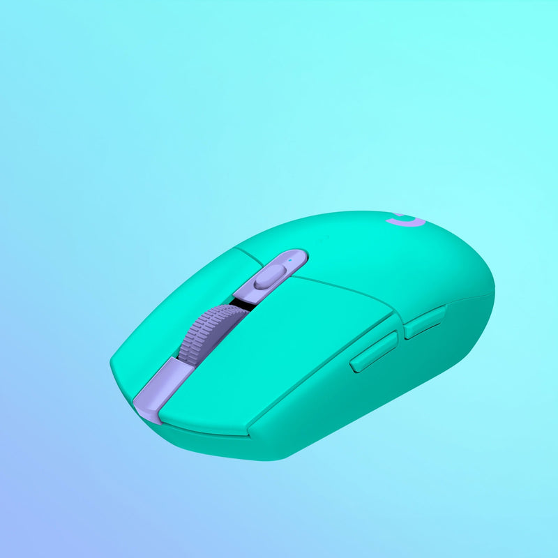 Profile view of mint Logitech G305 gaming mouse showing ergonomic design