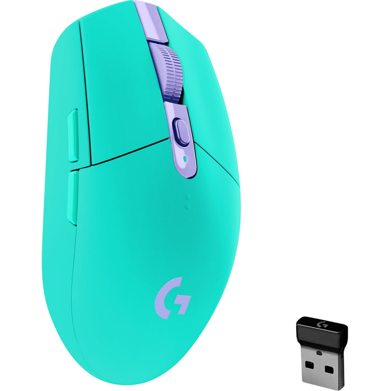 Side view of mint green Logitech G305 LIGHTSPEED wireless gaming mouse with USB receiver