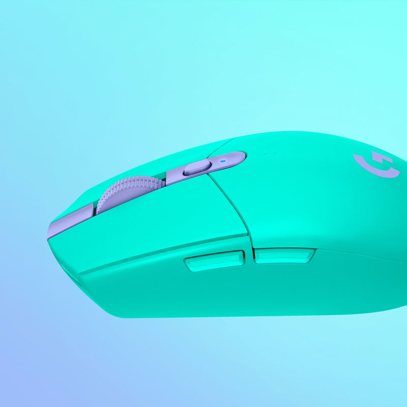 Angled profile view of mint Logitech G305 gaming mouse