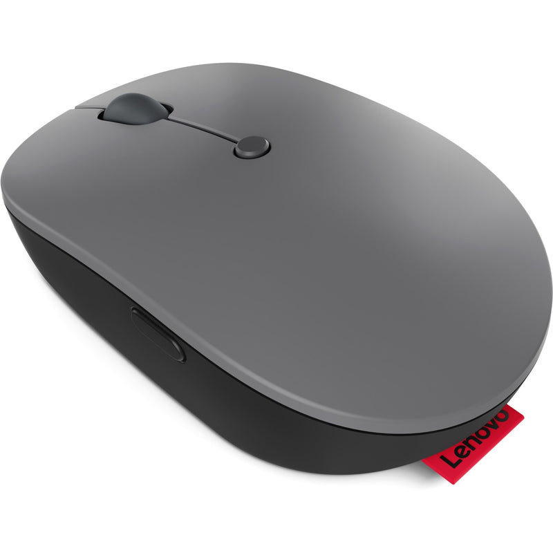 Side angle view of Lenovo Go wireless mouse showing ergonomic design and red tag