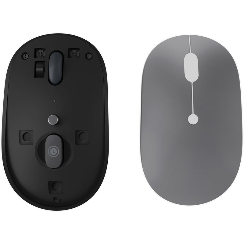 Side-by-side view of Lenovo Go wireless mouse top and bottom surfaces