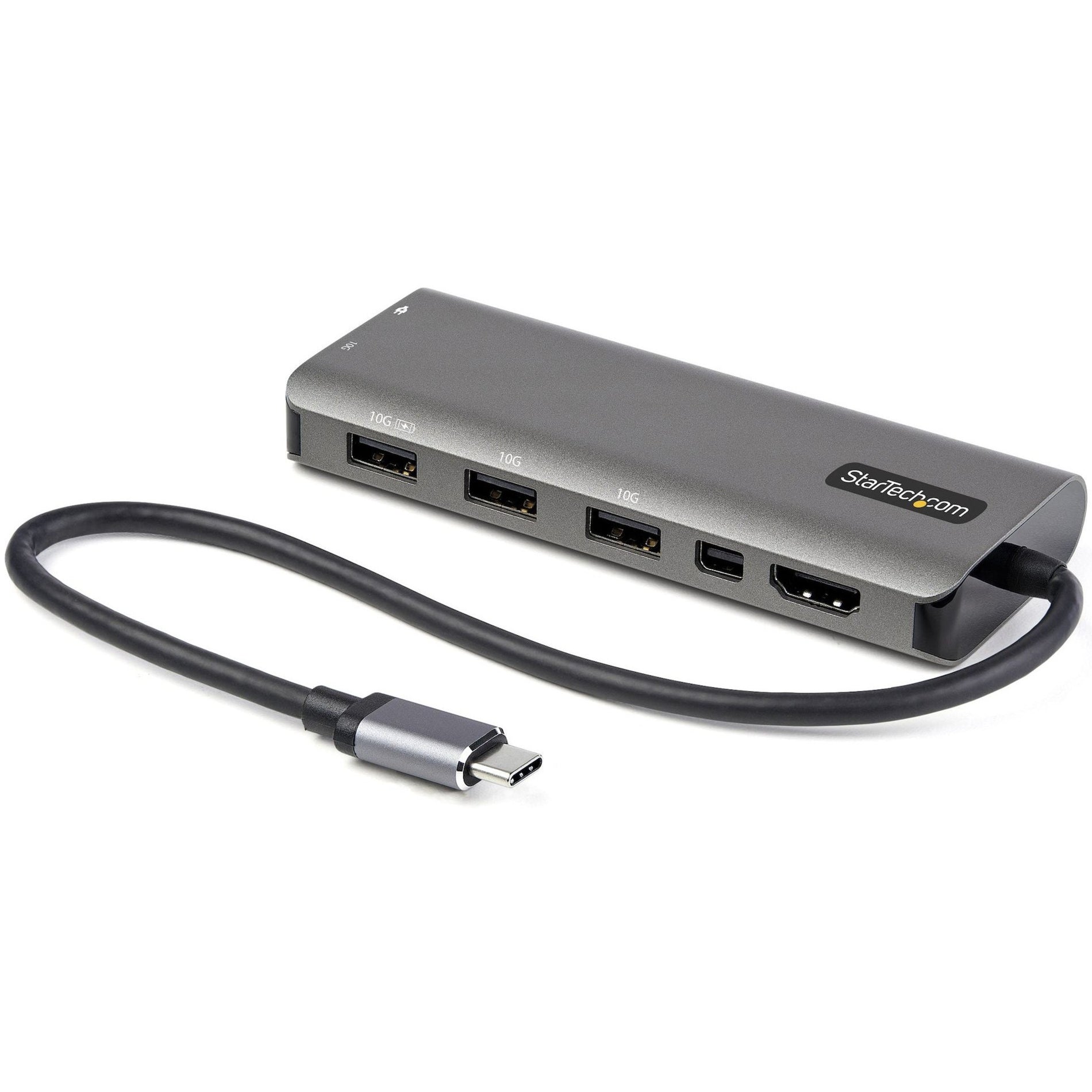 StarTech.com USB-C docking station with multiple ports and attached cable shown in space gray finish-alternate-image1