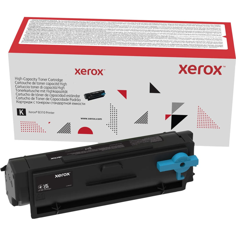 Xerox 006R04377 high-yield black toner cartridge with packaging showing compatibility with B310 printer and distinctive blue installation handle