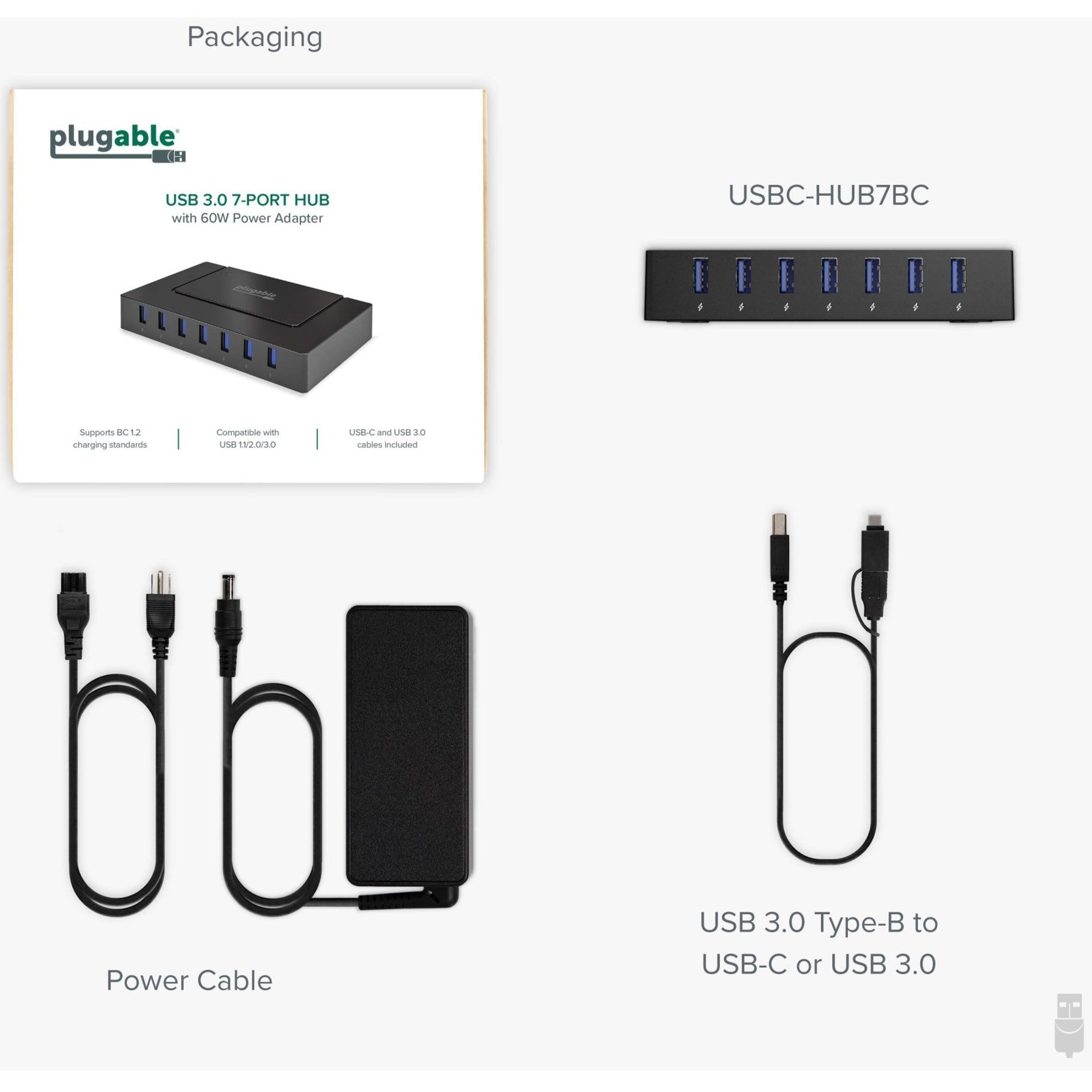 普拉格特 USB-C-HUB7BC USB 3.0和USB-C 7口充电集线器，2年保修，Mac/PC/Linux兼容 普拉格特