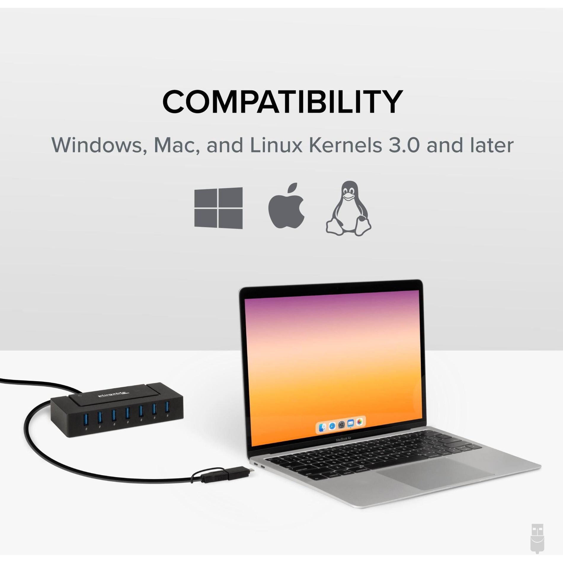 قابل للتوصيل USBC-HUB7BC واجهة USB 3.0 و USB-C، 7 منافذ للشحن ضمان لمدة 2 سنة، متوافق مع أنظمة التشغيل Mac/PC/Linux Plugable