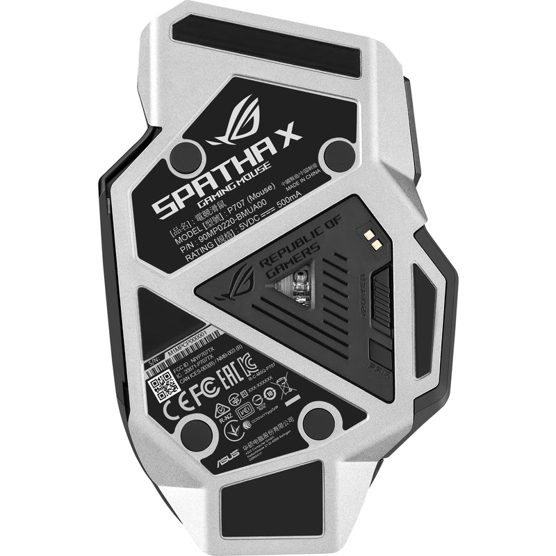 Bottom view of ROG Spatha X showing sensor and certification details