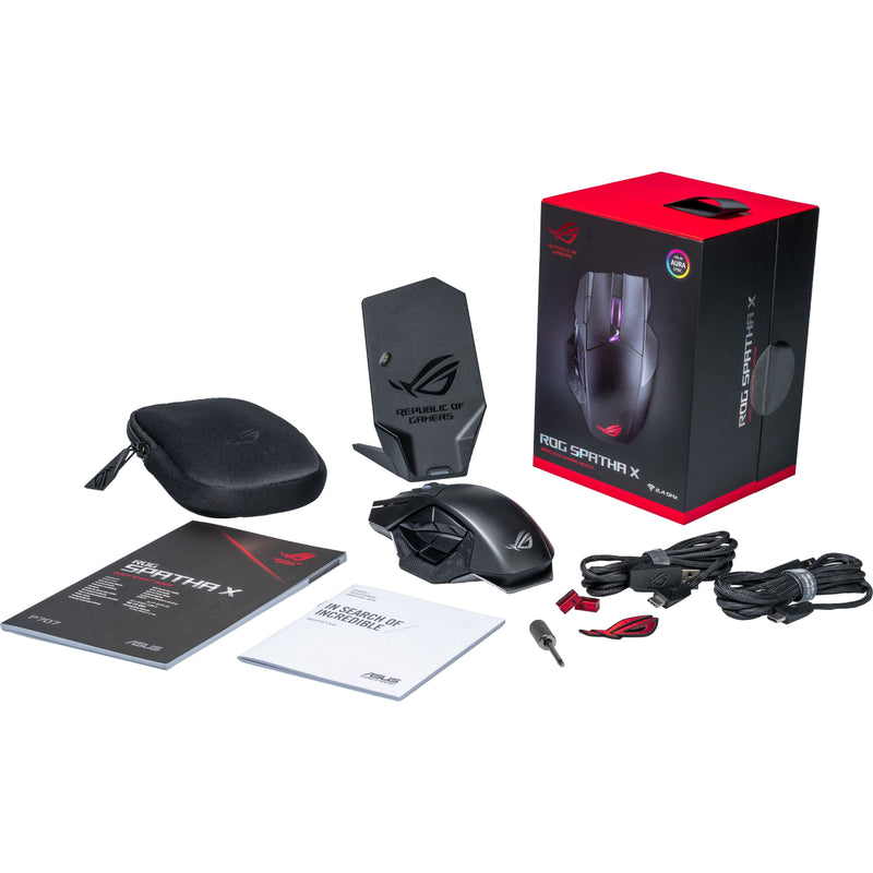 Complete package contents of ROG Spatha X gaming mouse including mouse, charging dock, cables, and accessories