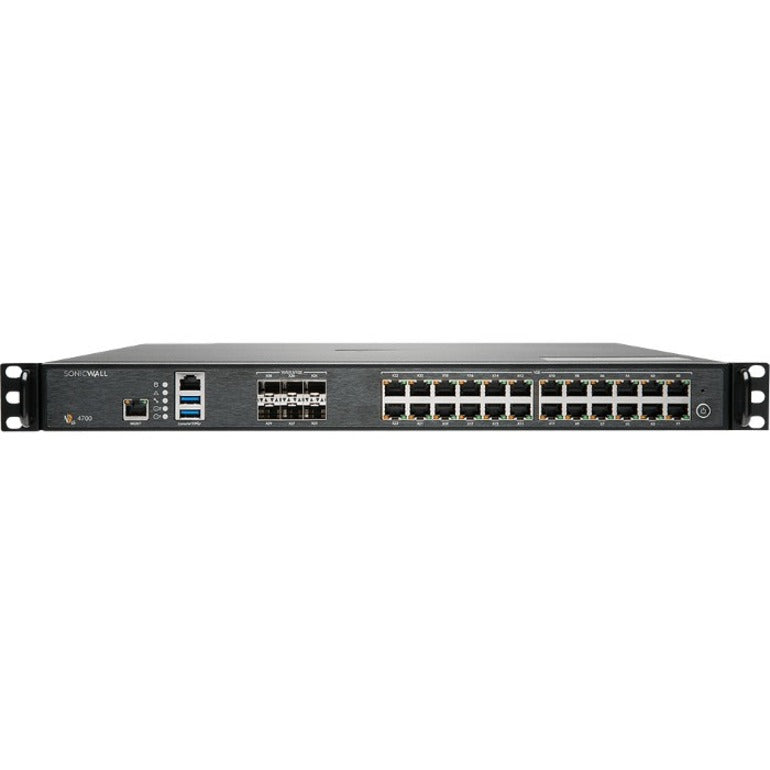 Front view of SonicWall NSa 4700 security appliance showing 24 Ethernet ports, 6 SFP+ slots, and management interfaces-alternate-image1