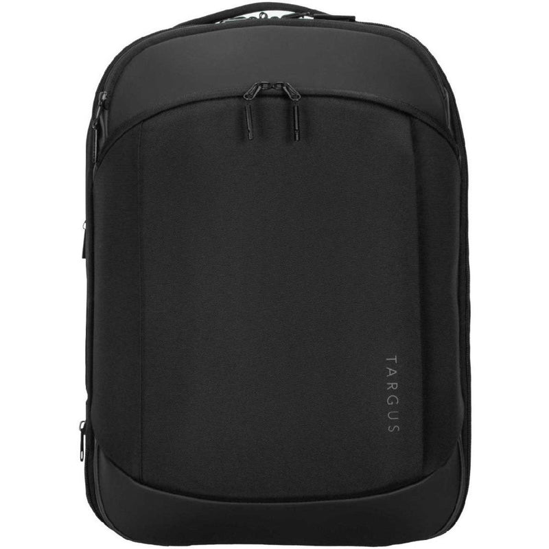 Direct front view of Targus laptop backpack showing vertical design elements