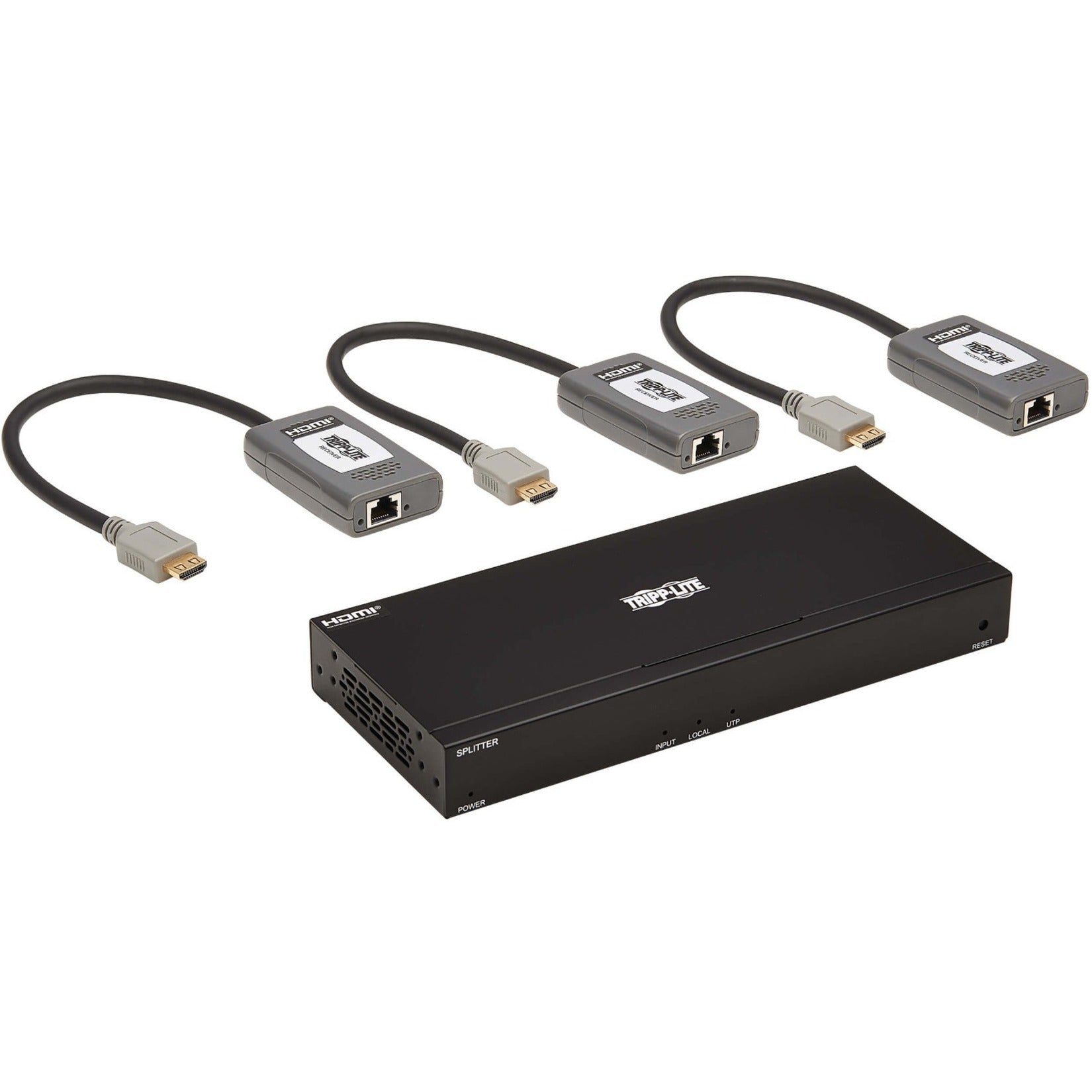 Complete HDMI splitter system setup with main unit and three receiver units connected-alternate-image1