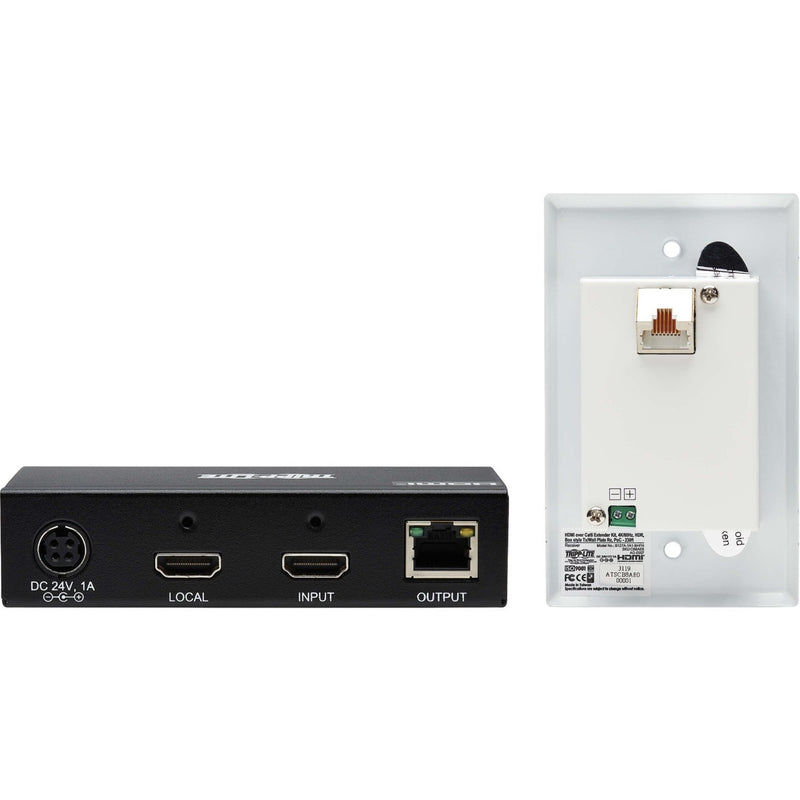 Rear view of transmitter unit showing power, HDMI, and RJ-45 ports alongside wall plate receiver