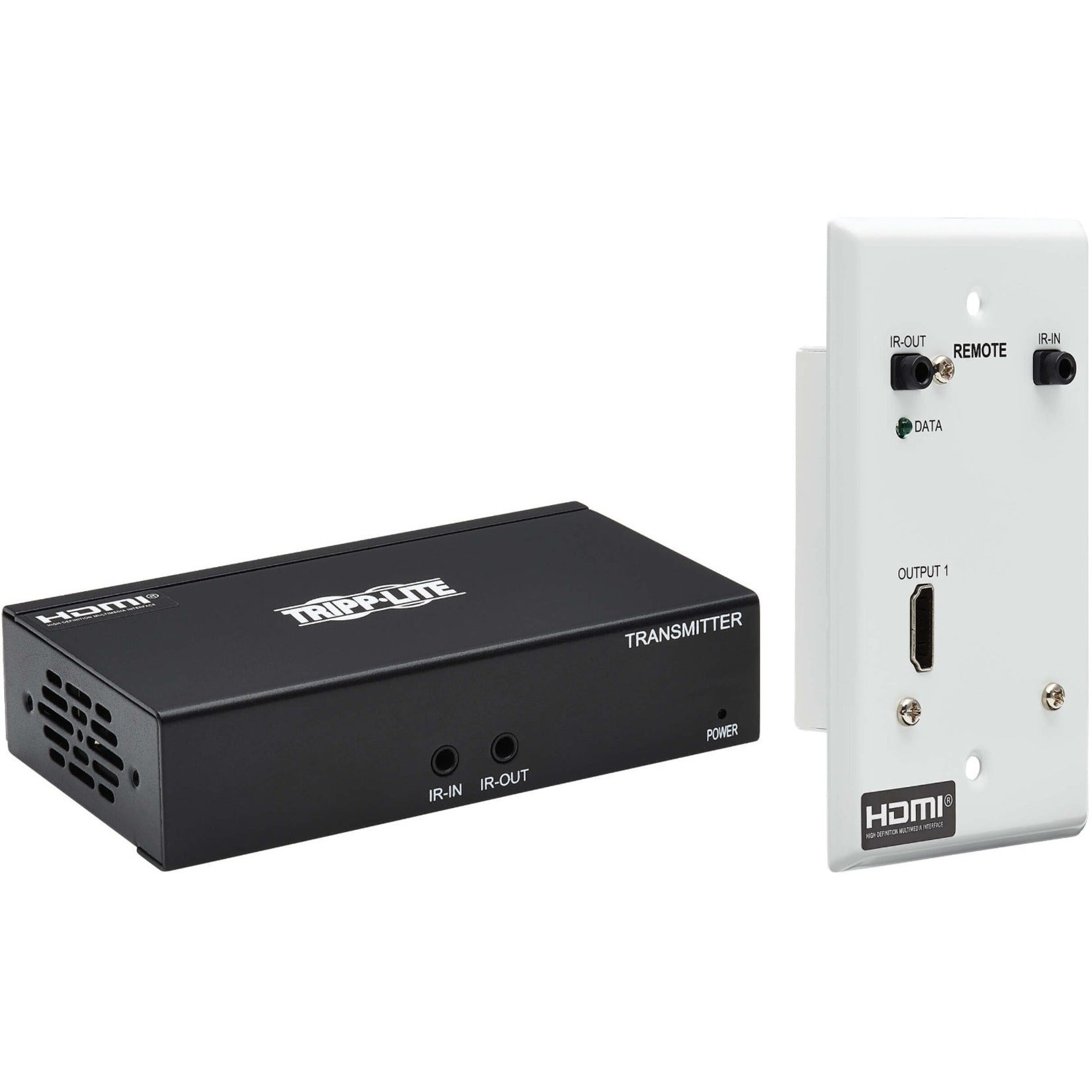 Front view of Tripp Lite HDMI transmitter box and wall plate receiver showing IR and HDMI ports-alternate-image1