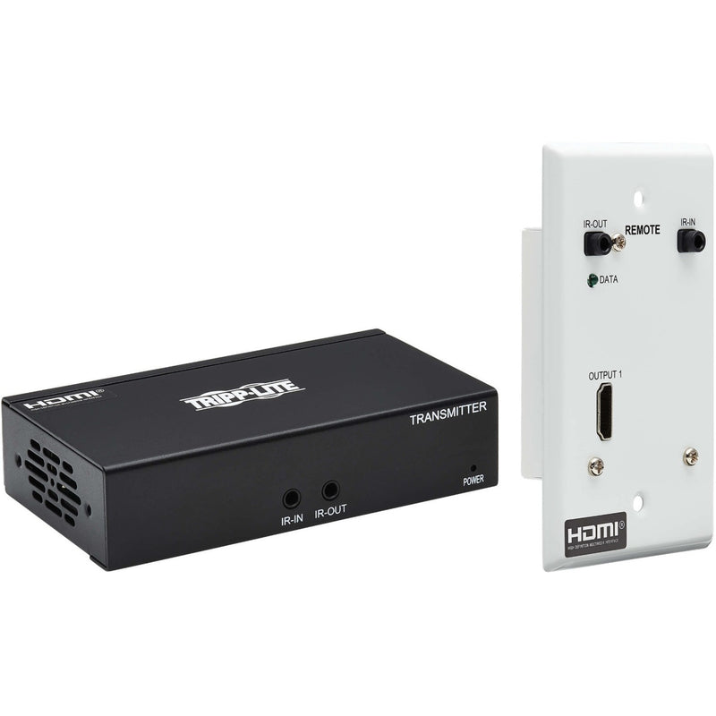 Front view of Tripp Lite HDMI transmitter box and wall plate receiver showing IR and HDMI ports