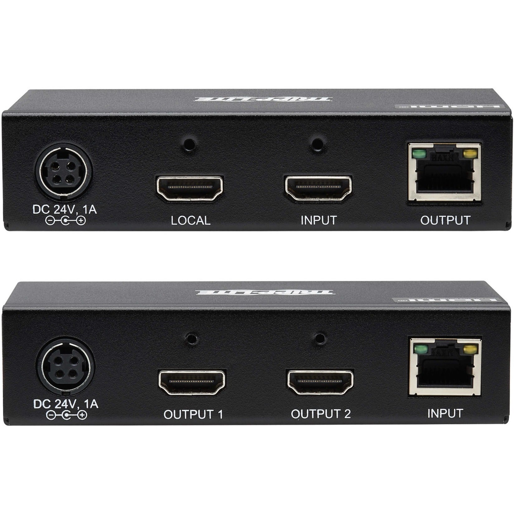 Front and rear view of Tripp Lite B127A-2A1-BHBH video extender transmitter and receiver units showing HDMI ports, network connections, and power inputs-alternate-image1