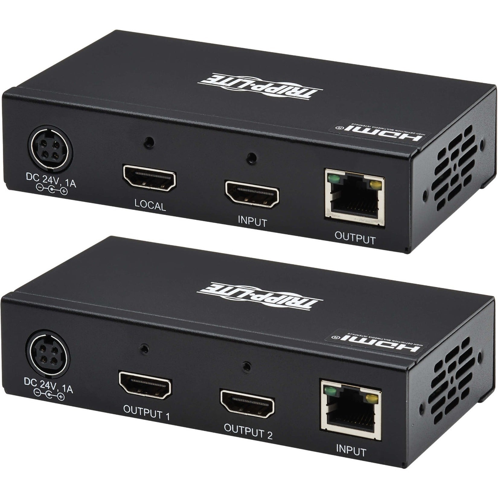 Detailed view of port arrangement on Tripp Lite video extender units showing HDMI and network connections-alternate-image6