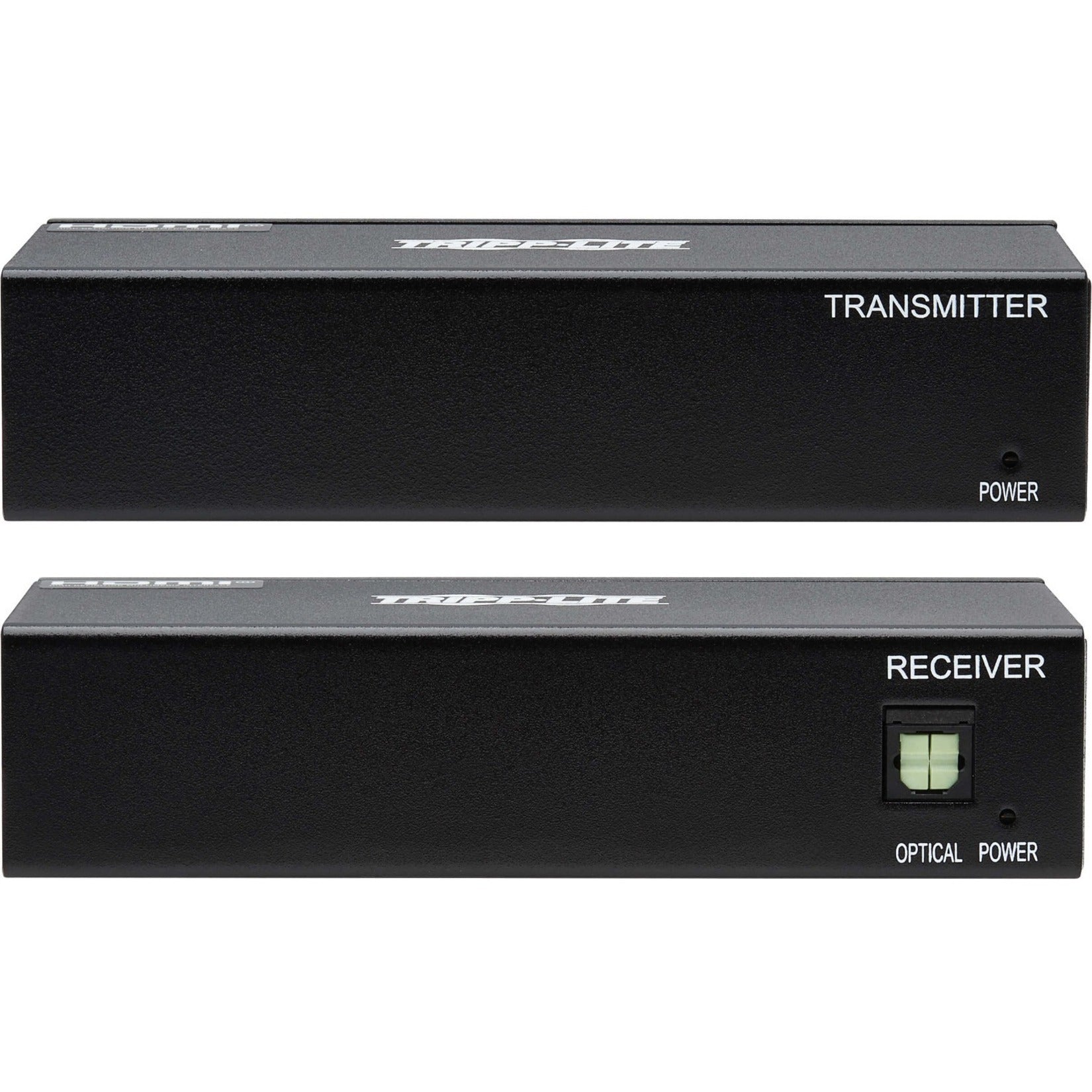 Front view of Tripp Lite video extender transmitter and receiver units showing power and optical indicators-alternate-image2