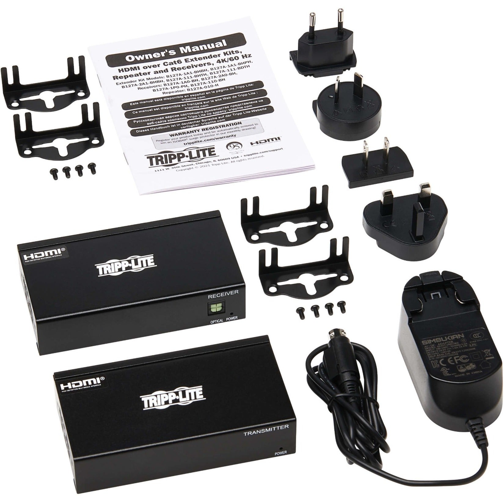 Complete package contents of Tripp Lite video extender kit including units, power adapters, mounting hardware, and manual-alternate-image7