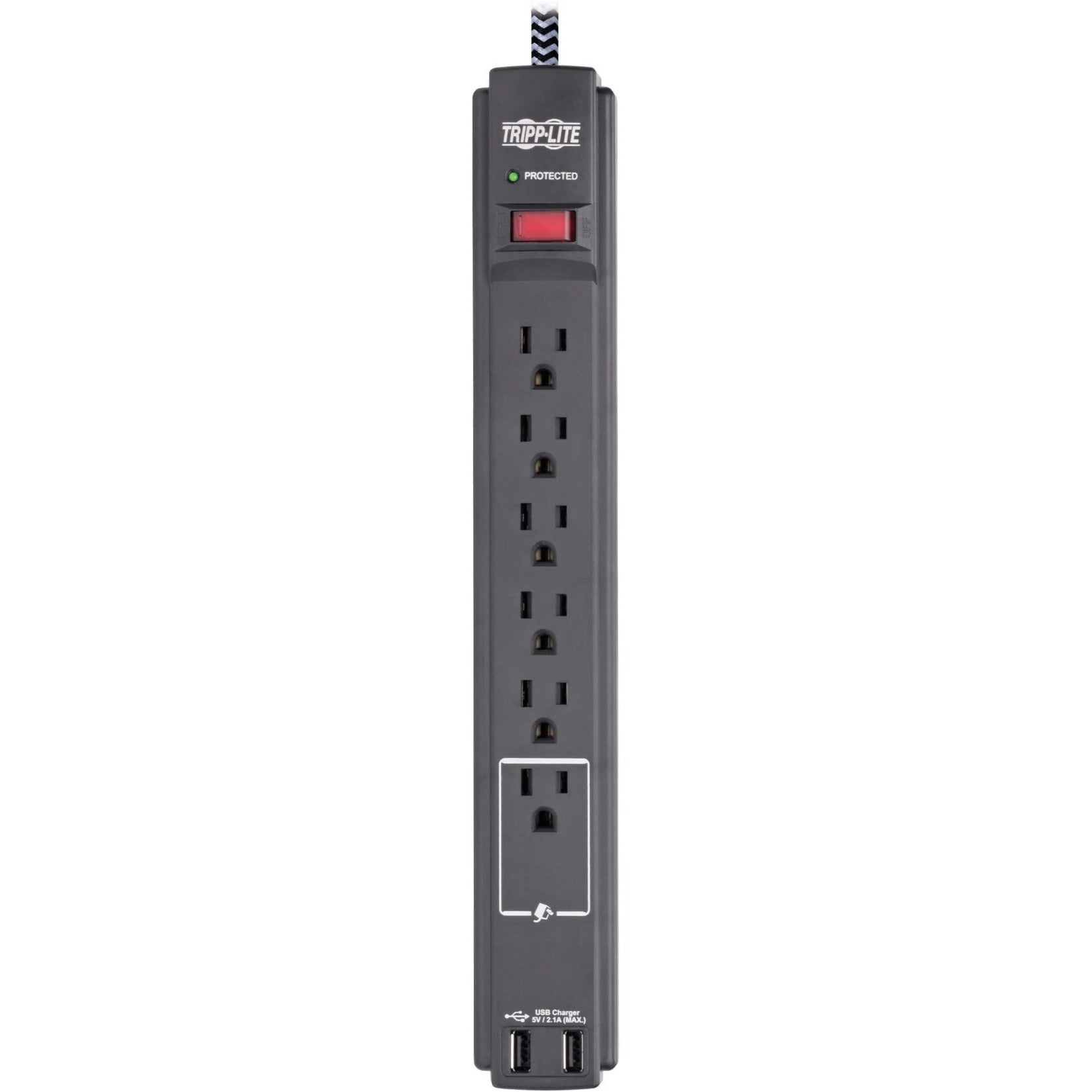 Front view of Tripp Lite surge protector showing all 6 outlets, LED indicator and power switch-alternate-image2