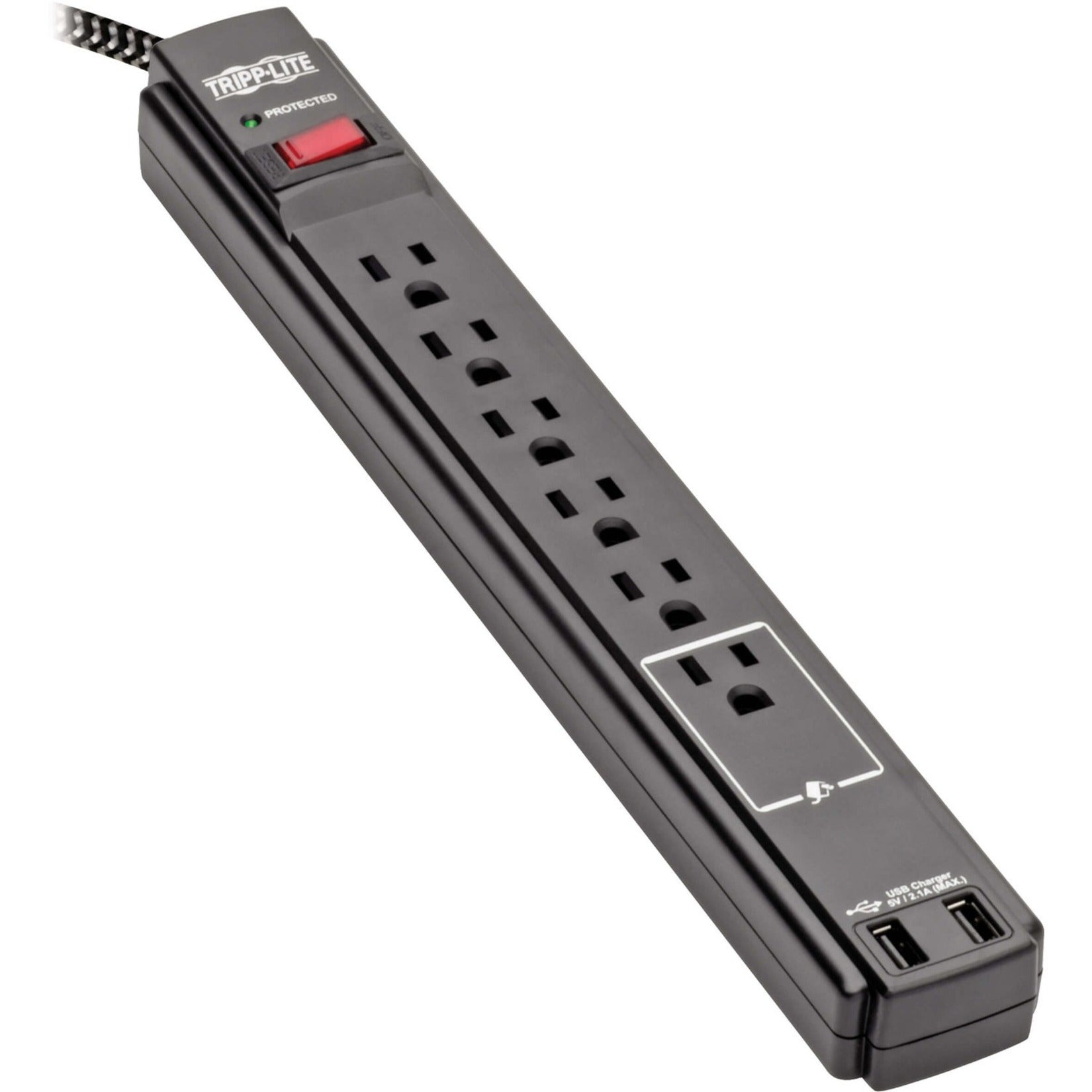 Tripp Lite surge protector with 6 outlets and 2 USB ports showing angled side view with braided cord-alternate-image1