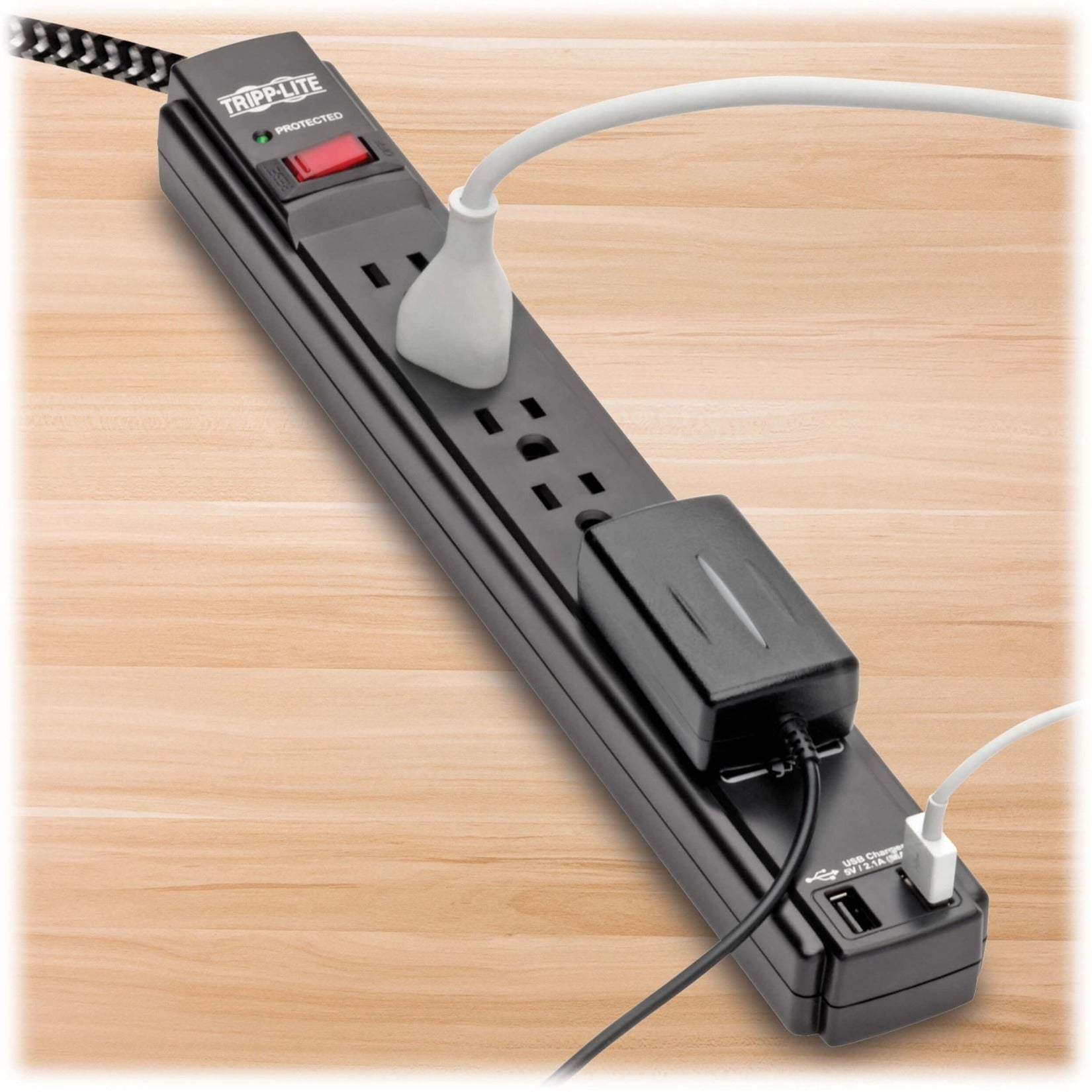 Surge protector in use showing transformer plug compatibility and USB charging-alternate-image4