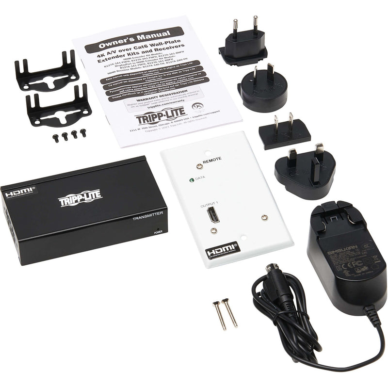 Complete kit contents including transmitter, receiver, power adapters, and mounting hardware