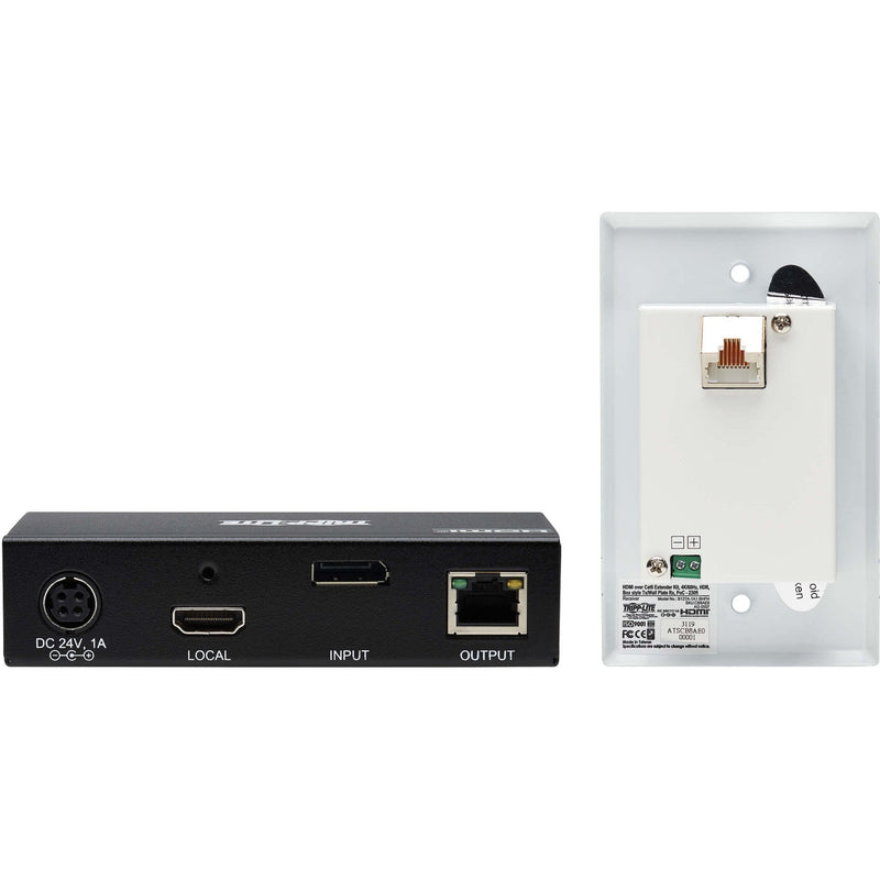 Close-up view of transmitter unit ports including power, HDMI, and RJ45 connections