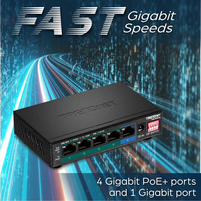 Marketing image showing TRENDnet TPE-TG51g with fast speed visualization