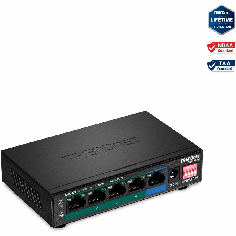 Front view of TRENDnet TPE-TG51g 5-port Gigabit PoE+ switch showing ports and indicators