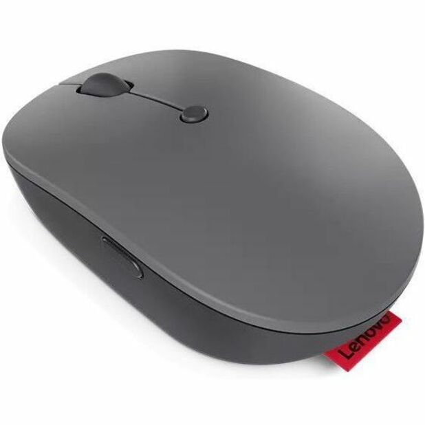 Side angle view of Lenovo Go Wireless Mouse showing ergonomic design and red Lenovo tag