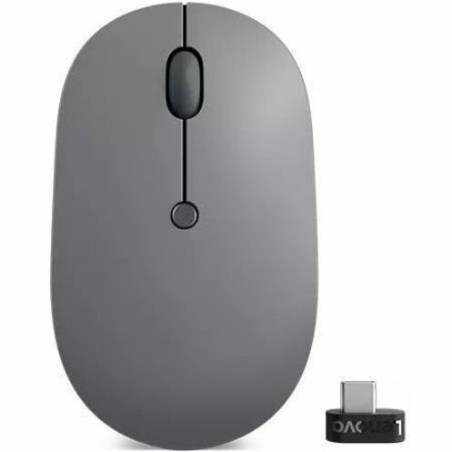 Top view of Lenovo Go USB-C Wireless Mouse in storm gray with USB-C receiver