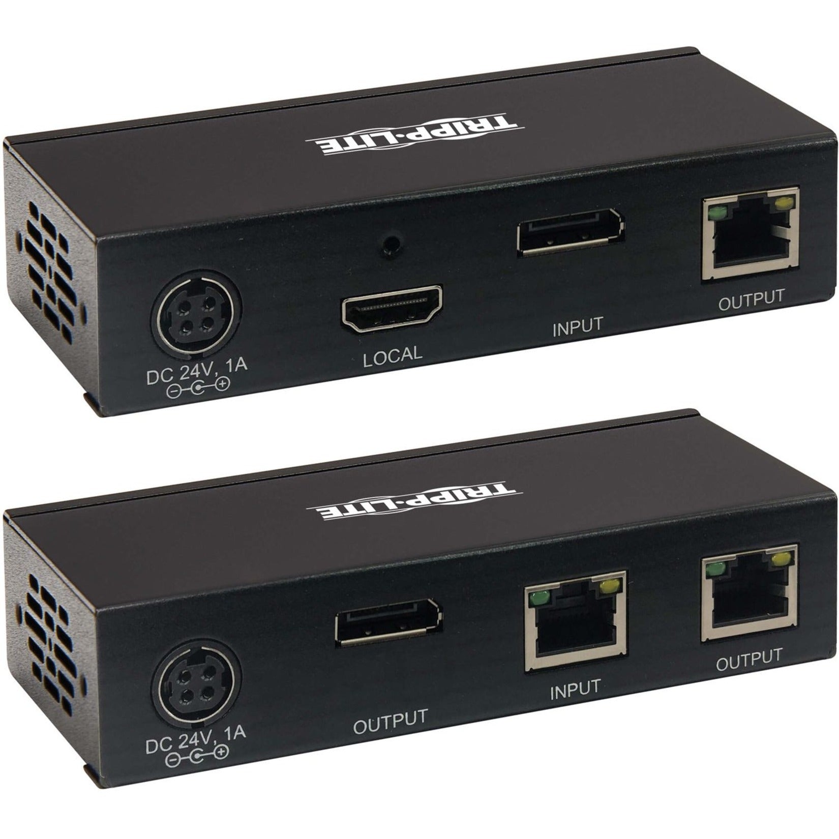 Rear view of Tripp Lite extender kit showing multiple input/output ports including HDMI, DisplayPort, and RJ-45 connections-alternate-image2