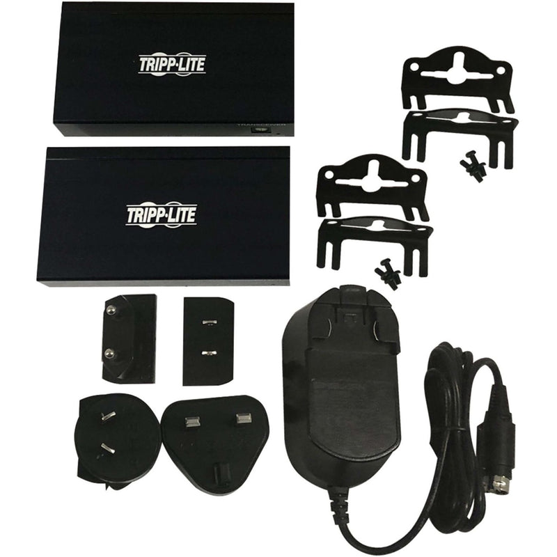 Complete contents of Tripp Lite extender kit including mounting hardware and power adapters