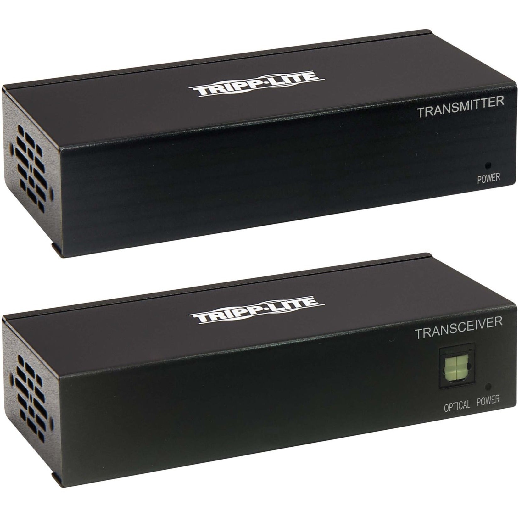 Front view of Tripp Lite DisplayPort extender kit showing transmitter and transceiver units with power indicators-alternate-image1