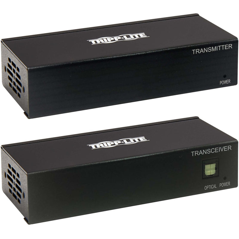 Front view of Tripp Lite DisplayPort extender kit showing transmitter and transceiver units with power indicators