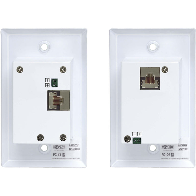 Rear view of transmitter and receiver units showing RJ-45 ports, dip switches, and mounting hardware