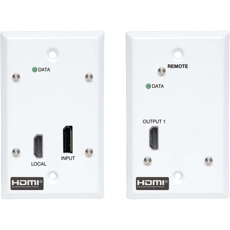 Front view of white wall-plate style transmitter and receiver units showing HDMI ports, DisplayPort input, and status LED indicators