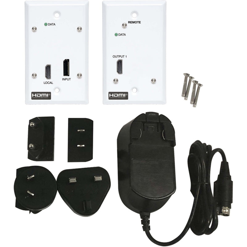 Complete kit contents including wall plates, mounting hardware, power supply, and international plug adapters