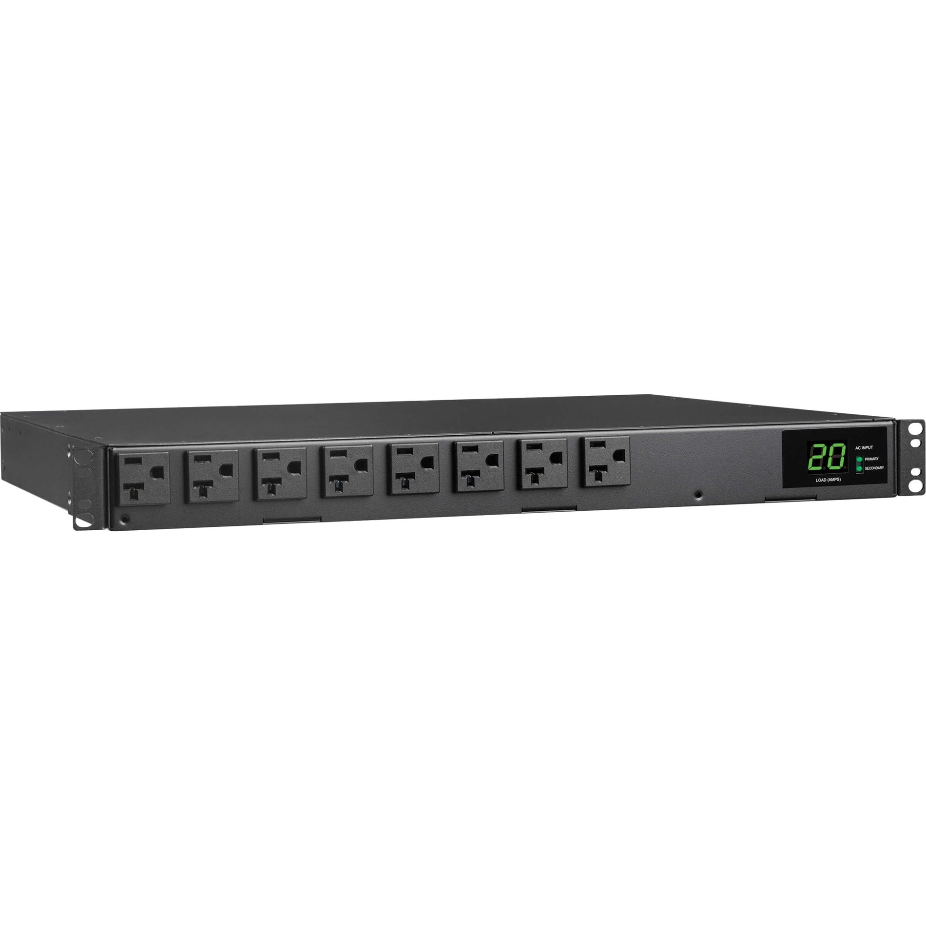 Front view of Tripp Lite PDUMH20ATS PDU showing 16 outlets and digital load meter display-alternate-image1