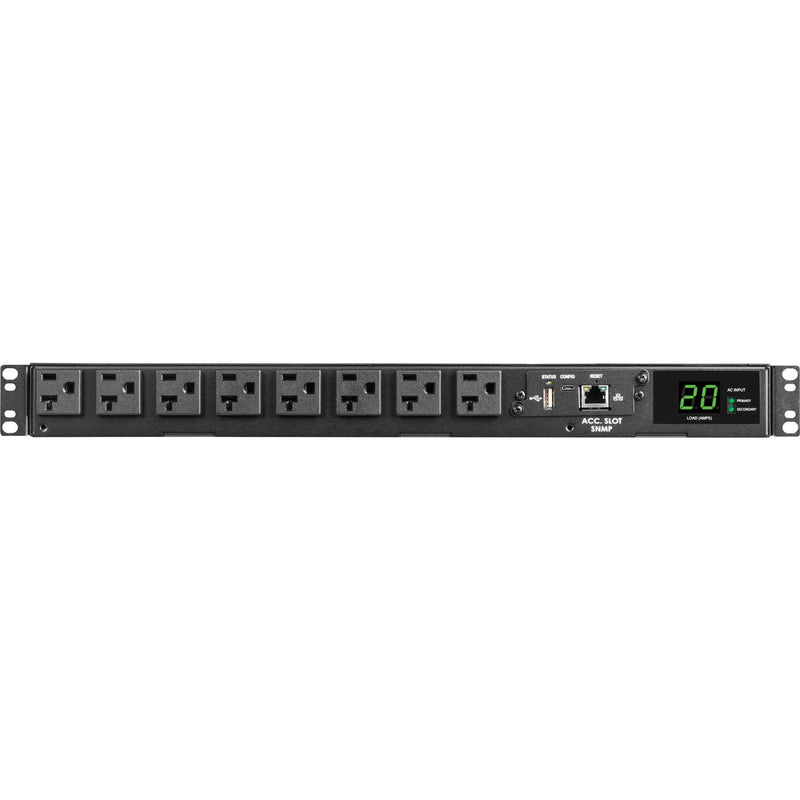 Horizontal view of Tripp Lite PDU showing outlet arrangement and network management interface