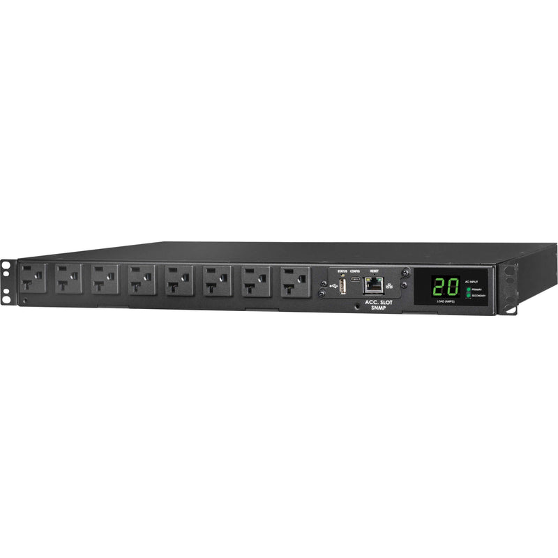 Angled view of Tripp Lite PDU displaying outlets and management interface