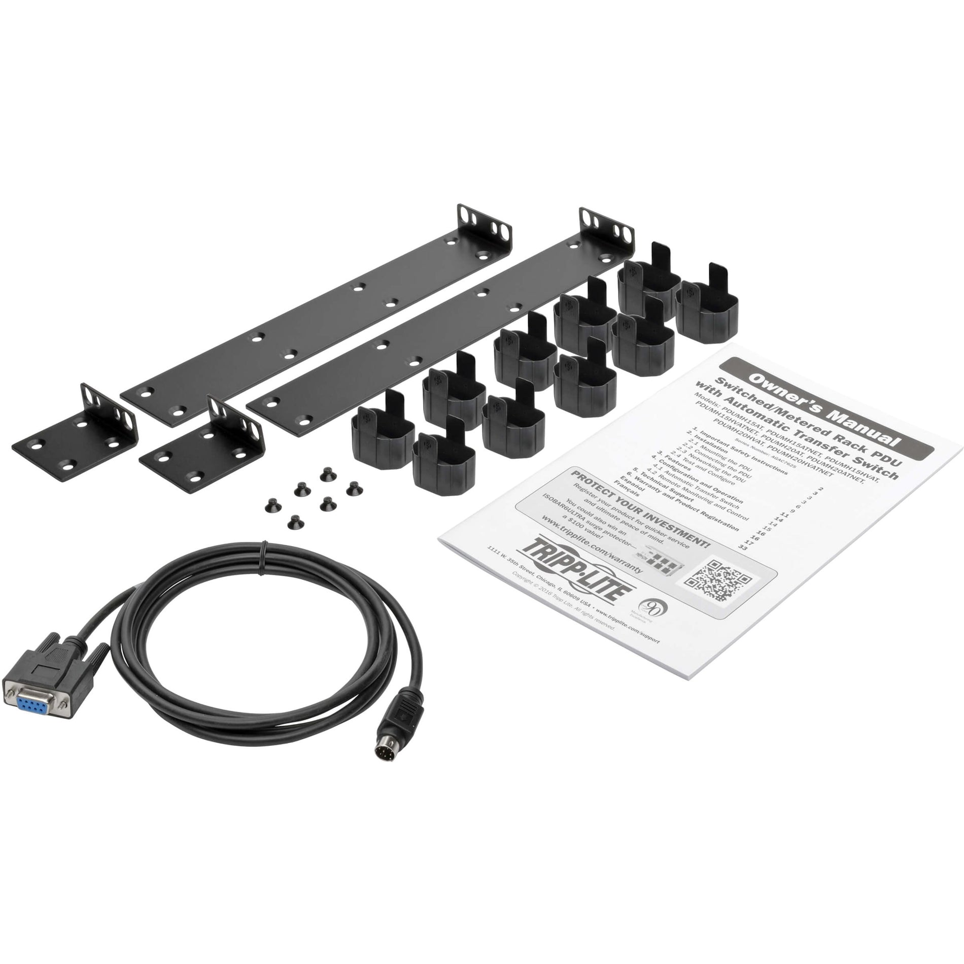 Installation components including mounting brackets, cables, and manual for PDU setup-alternate-image6