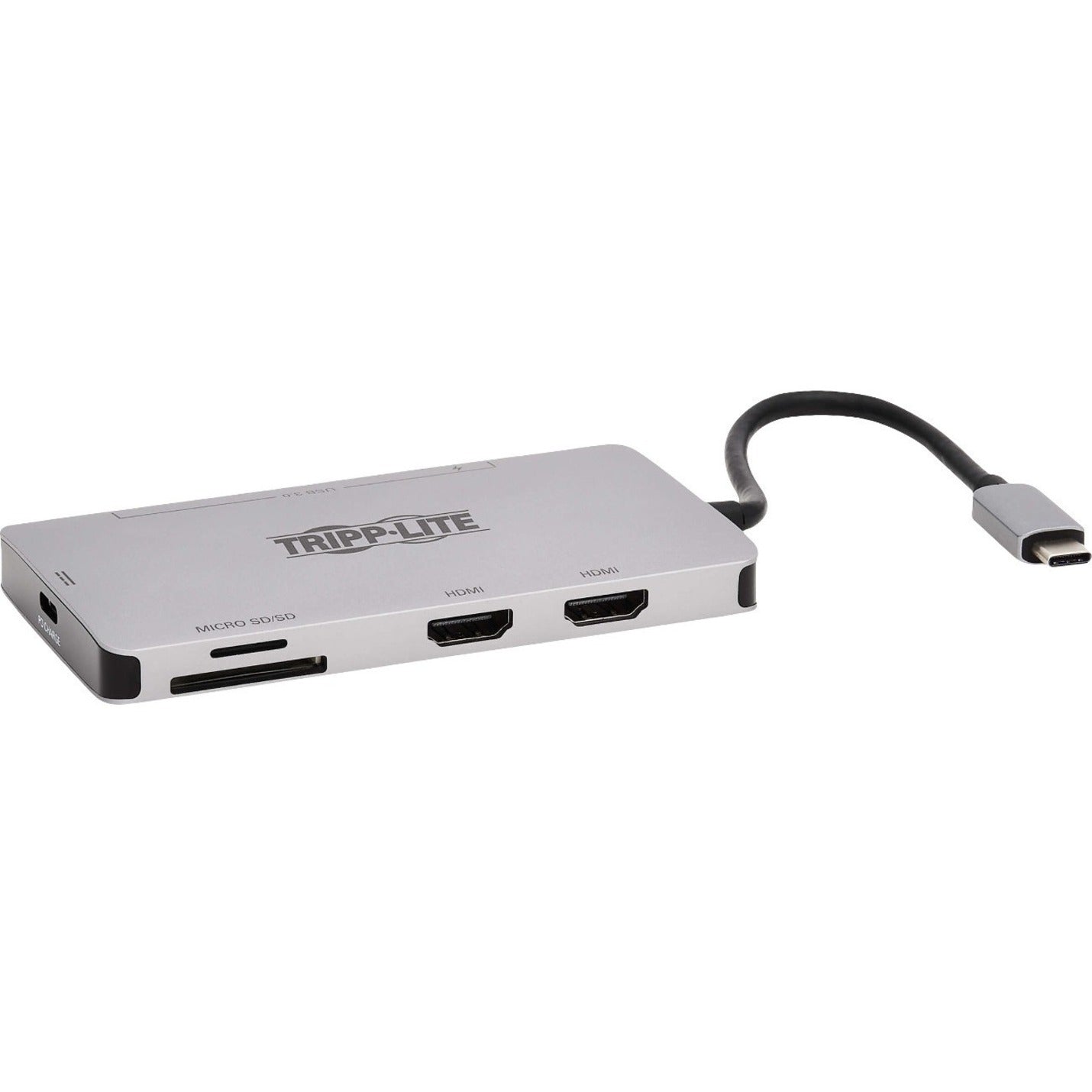 Tripp Lite USB-C dock showing dual HDMI ports and SD card reader slot in silver aluminum finish-alternate-image1