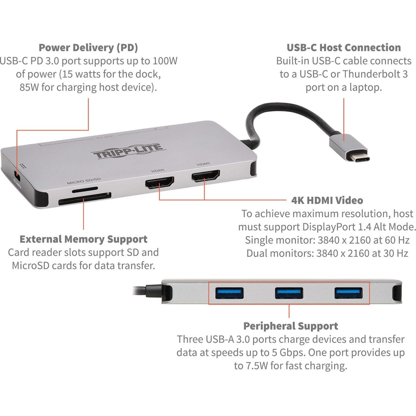 Tripp Lite U442-DOCK8-GG Dock USB-C Double Affichage 4K 60 Hz HDMI USB Type-A USB Type-C Alimentation 100W