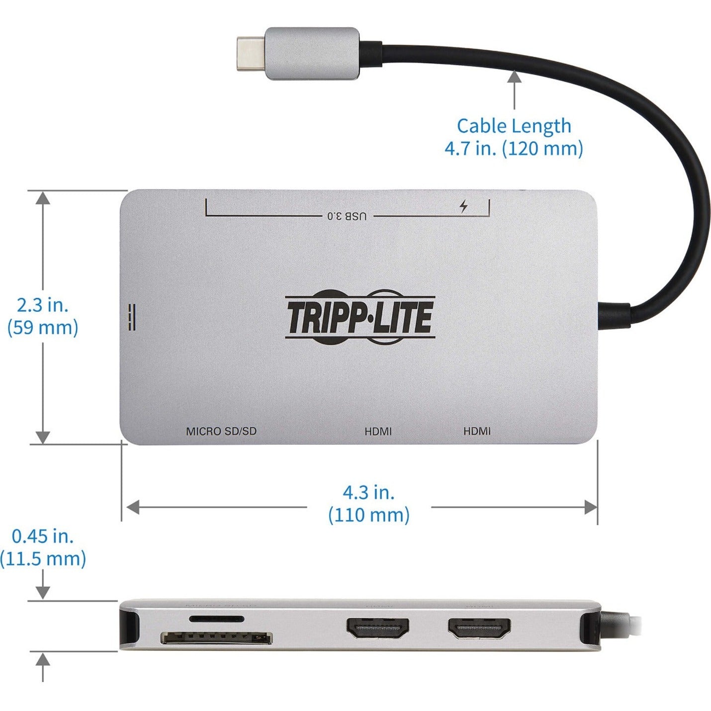 Dimensional diagram of Tripp Lite dock showing exact measurements and port locations-alternate-image6