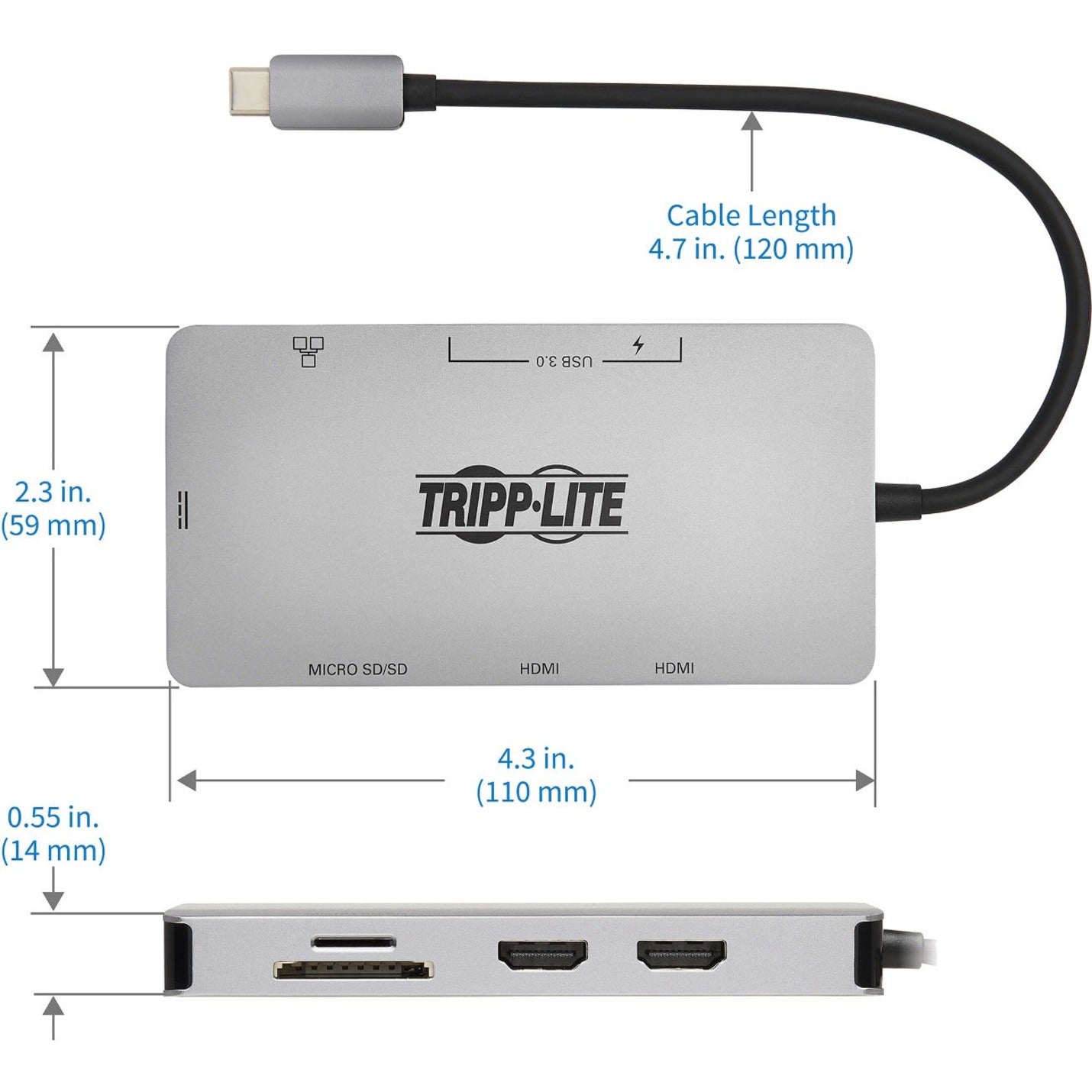 Tripp Lite U442-DOCK8G-GG Station d'accueil Double affichage 4K 60Hz USB-C HDMI USB Type-A RJ-45 Alimentation 100W