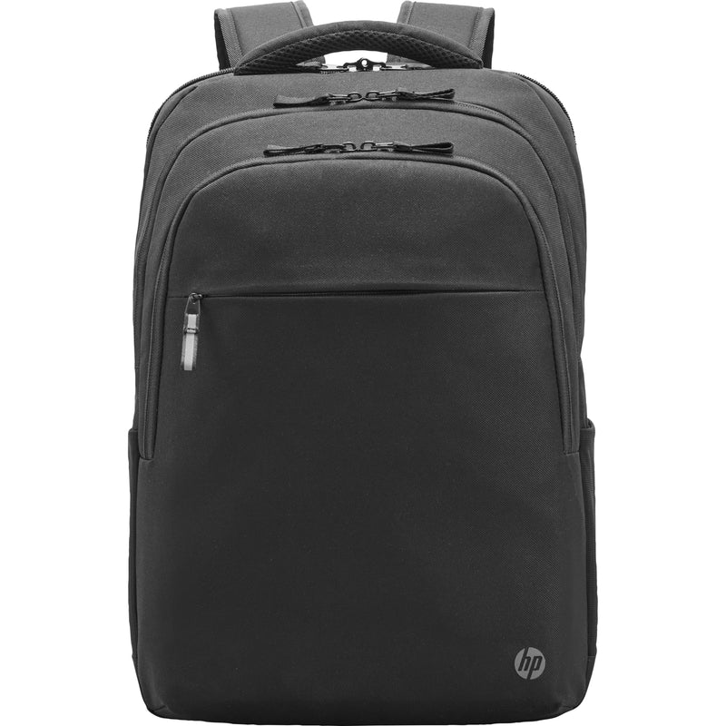 Direct front view of HP Renew Business backpack highlighting clean lines and professional design