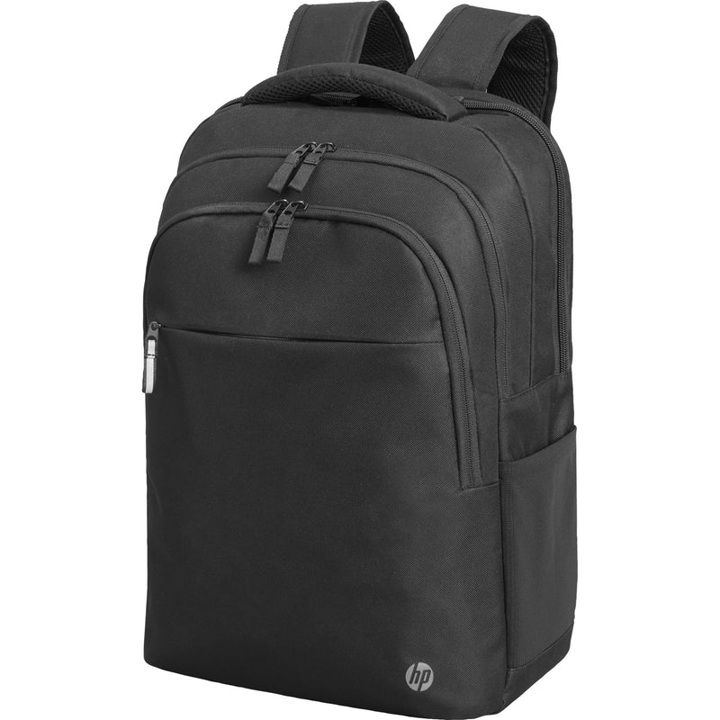 Front view of HP Renew Business 17.3 laptop backpack showing multiple compartments and sleek black design