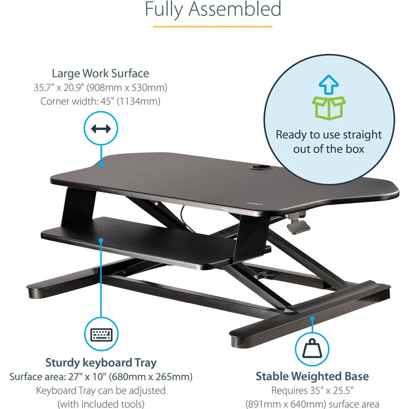 Diagram showing dimensions and features of StarTech.com sit-stand workstation